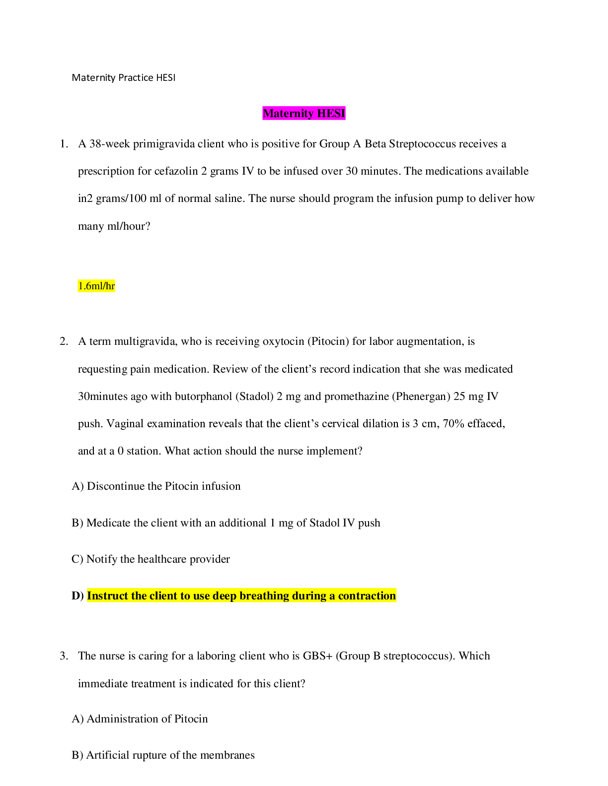 Preview of Maternity Practice HESI 1 (A Grade), Latest Questions and Answers with Explanations, All C